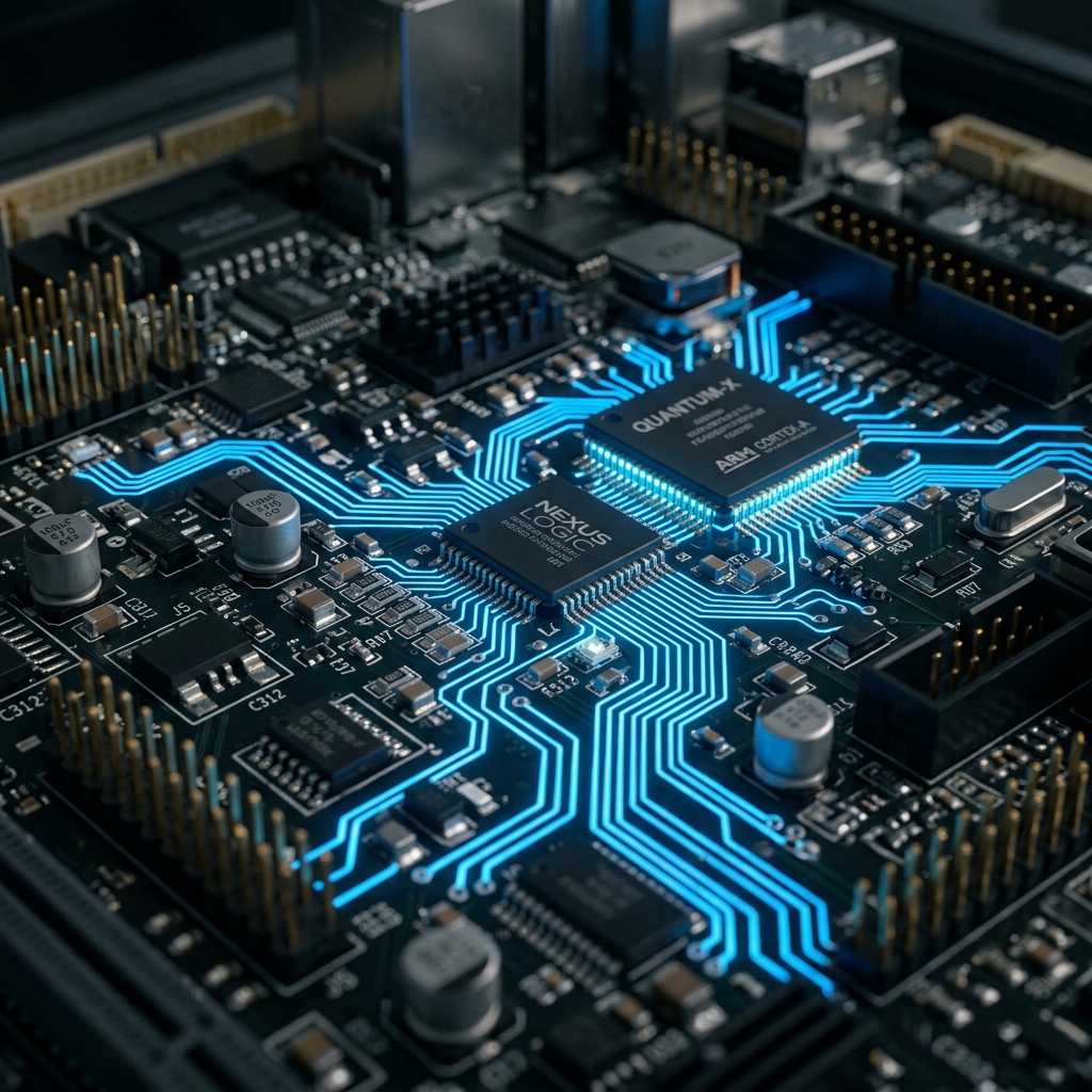 Macro view of high-tech circuit board representing AI hardware